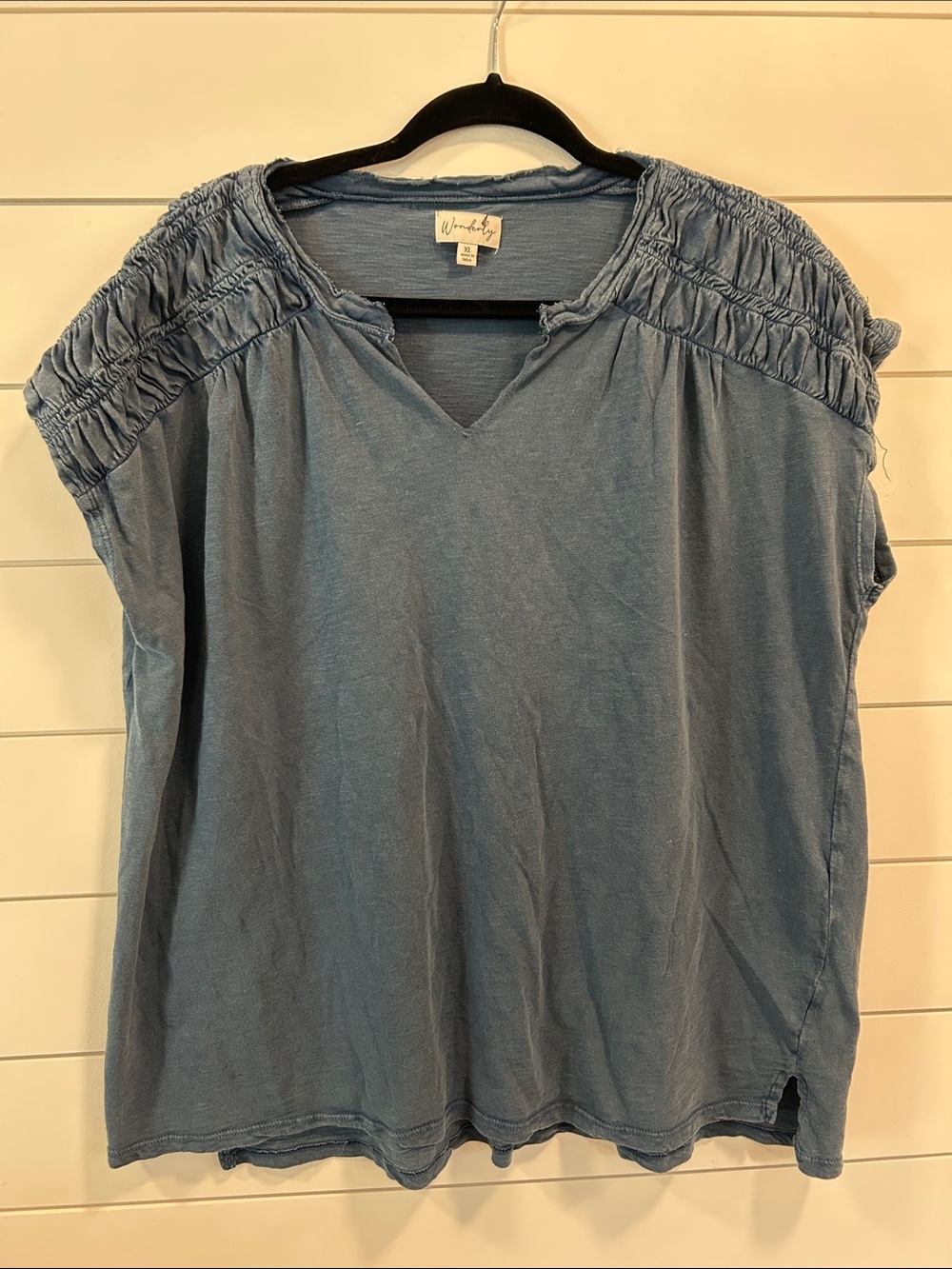 Wonderly Washed Blue Smocked-Shoulder V-Neck Tunic Top